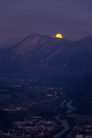 From this plateau looking across the valley to the mountain ridge with the moon setting