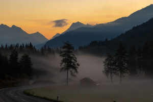 The morning mist above the moor, feels like autumn. in this picture I thought it quite charming how the mist is following the bend in the road.
