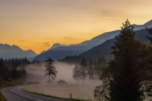 The morning mist above the moor, feels like autumn. in this picture I thought it quite charming how the mist is following the bend in the road.