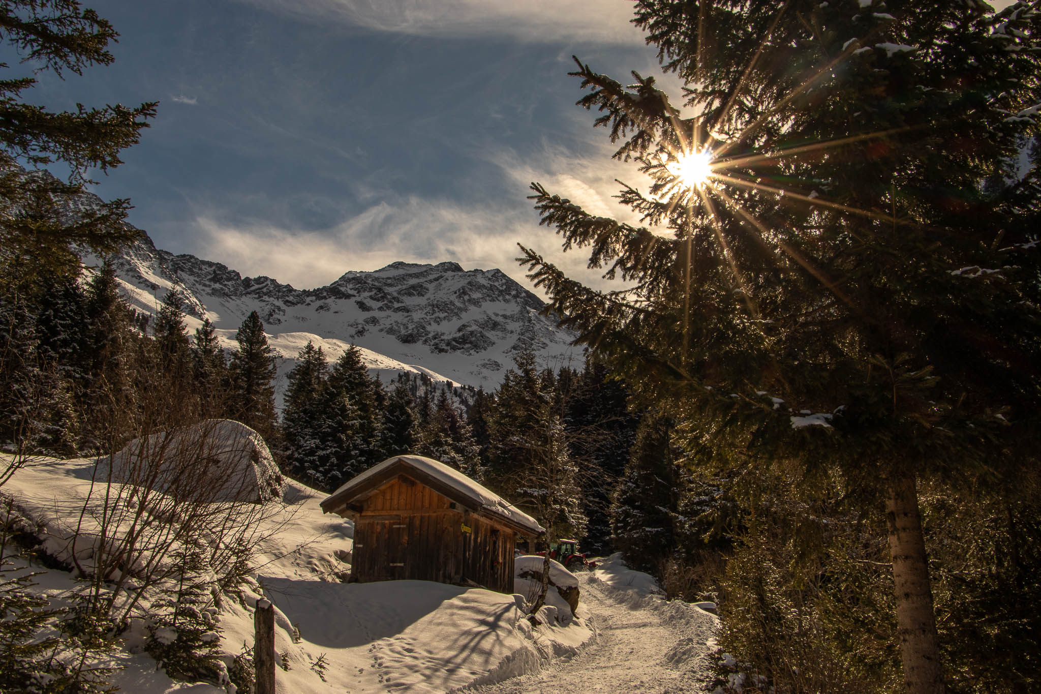 Mountain Hut in the Snow A snowshoe hike took me to this hay shed, a quiet peaceful spot. I love how the sun came through the tree. Often as noon time is called too harsh for photos, at this time of year I am not sure that is the case.