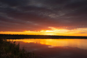 in the early morning heading out for a game drive the sun was rising beyond this lake, as the clouds from the rain of the previous night had not yet disappeared